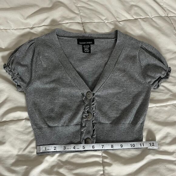Y2K Vintage Gray Cropped Cardigan Sweater Puff Sleeves from Sweater Project - Picture 6 of 8